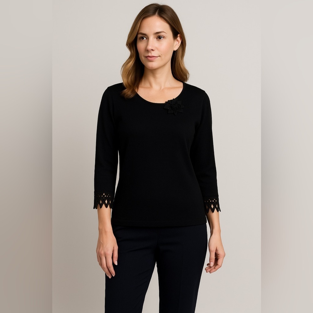 STUDIO Liz Claiborne Black Silk Blend Pullover Sweater 3/4 Sleeve Crochet Hem PS